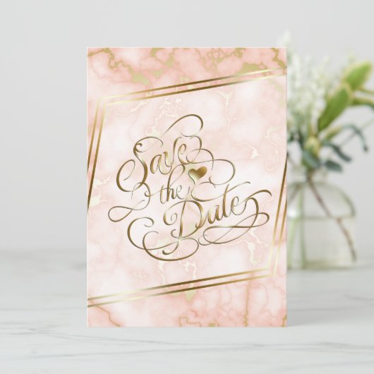Roos en  gouden marmer save the date (Staand voorkant)