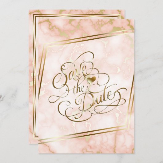 Roos en  gouden marmer save the date (Voorkant / Achterkant)