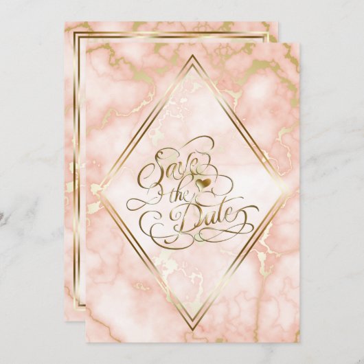 Roos en gouden marmer save the date (Voorkant / Achterkant)