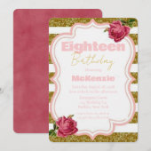 Roos en goudglitter 18e verjaardag kaart (Voorkant / Achterkant)