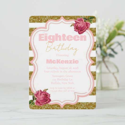 Roos en goudglitter 18e verjaardag kaart (Staand voorkant)