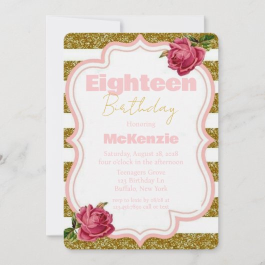 Roos en goudglitter 18e verjaardag kaart (Voorkant)