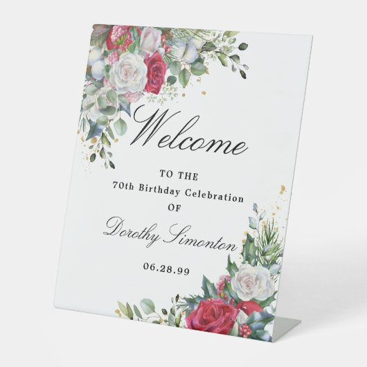 Roos en Holly Floral 70th Birthday Welcome Reclamebord Met Voetstuk (Voorkant)
