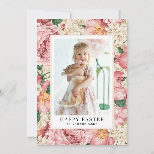 Roos en Hydrangea Foto Happy Easter Feestdagenkaart (Voorkant)