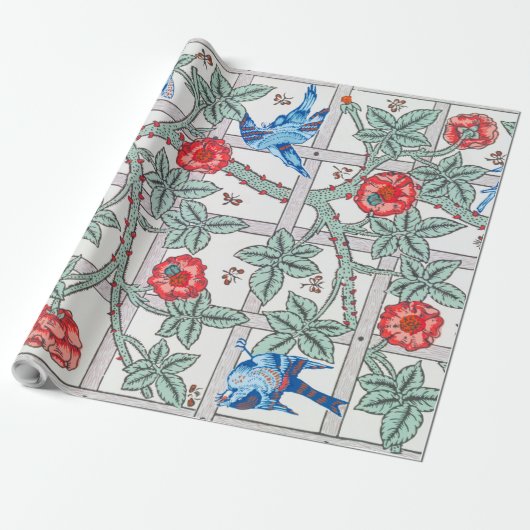 Roos en kleine vogel, William Morris Cadeaupapier (Uitgerold)
