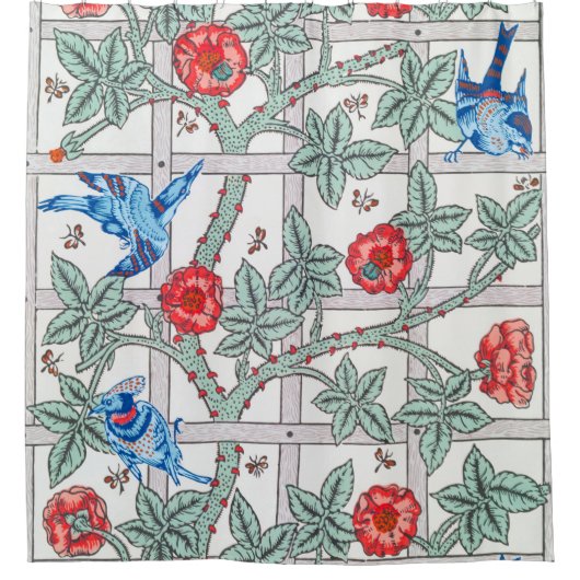 Roos en kleine vogel, William Morris Douchegordijn (Voorkant)
