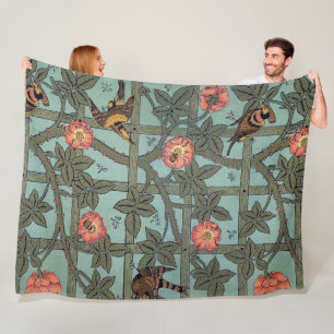 Roos en kleine vogel, William Morris Fleece Deken