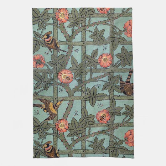 Roos en kleine vogel, William Morris Theedoek (Verticaal)