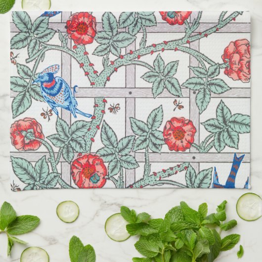 Roos en kleine vogel, William Morris Theedoek (Gevouwen)