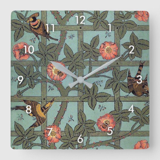 Roos en kleine vogel, William Morris Vierkante Klok (Voorkant)