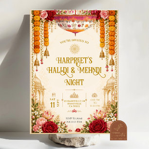 Roos- en Marygold-bloemige Mendhi-nachtceremonie Kaart