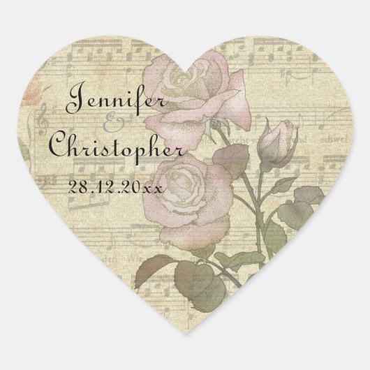  Roos en muziekscore trouwensset Hart Sticker (Voorkant)