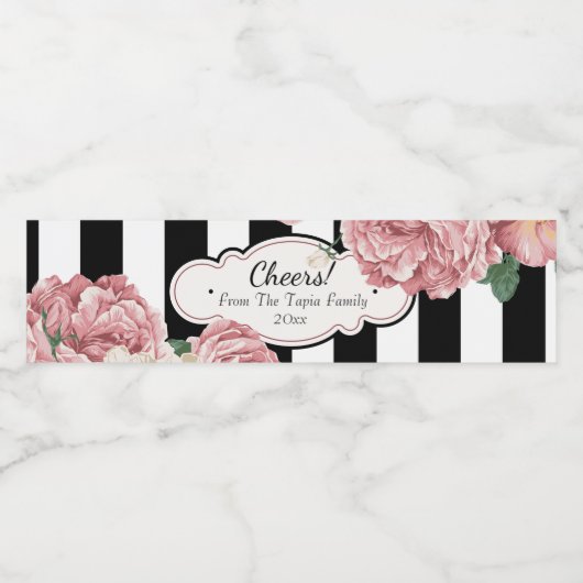 Roos en strepen Waterfles Etiket (Enkel label)