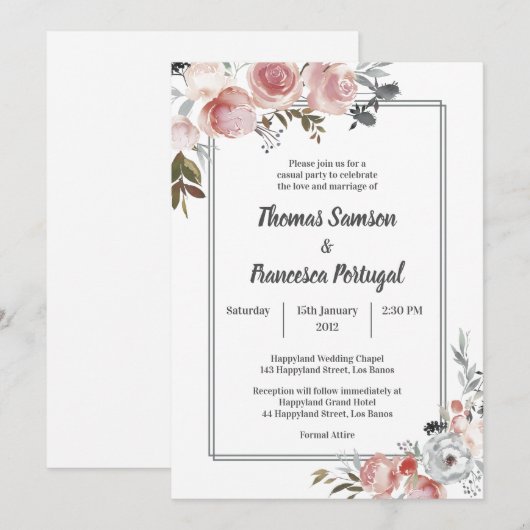 Roos en Thistle Waterverf Wedding Invitation Kaart (Voorkant / Achterkant)