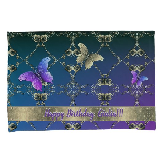 Roos en Vlinder Paarse Blauwe Kussensloop (Voorkant-Rechts)