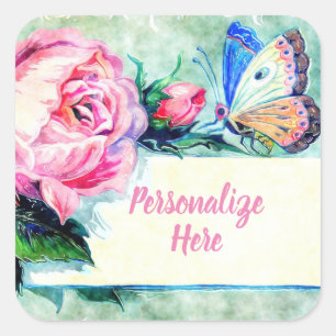  roos en vlinder roze groen blauw vierkante sticker