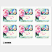  roos en vlinder roze groen blauw vierkante sticker (Vel)