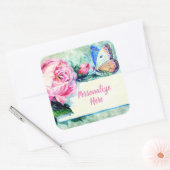  roos en vlinder roze groen blauw vierkante sticker (Envelop)