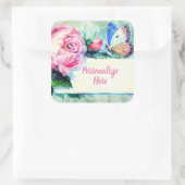  roos en vlinder roze groen blauw vierkante sticker (Tas)