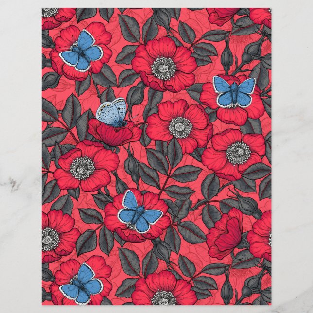 Roos en vlinders in rood en blauw (Voorkant)