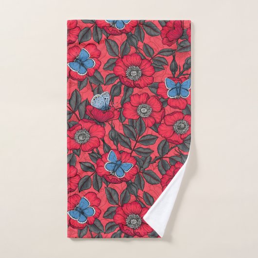 Roos en vlinders in rood en blauw bad handdoek (Handdoek)