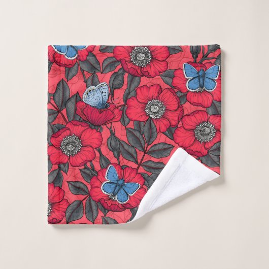 Roos en vlinders in rood en blauw bad handdoek (Wasdoekje)