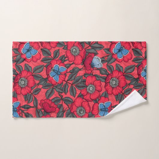 Roos en vlinders in rood en blauw bad handdoek (Handdoek)
