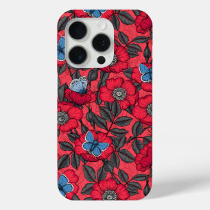 Roos en vlinders in rood en blauw iPhone 15 pro case