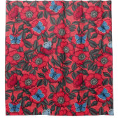 Roos en vlinders in rood en blauw douchegordijn (Voorkant)