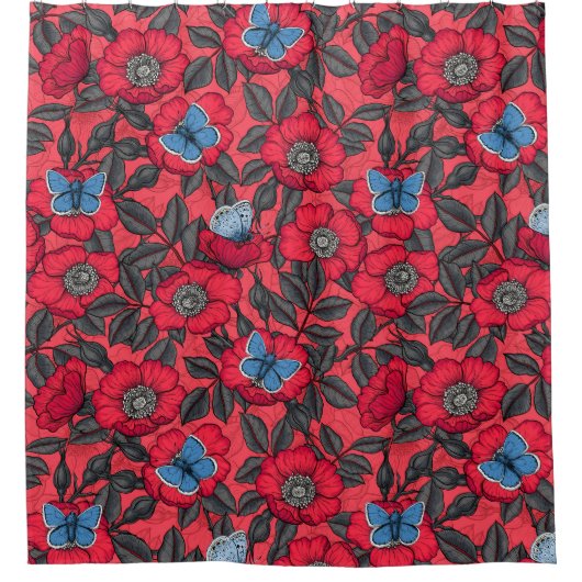 Roos en vlinders in rood en blauw douchegordijn (Voorkant)