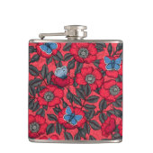 Roos en vlinders in rood en blauw heupfles (Voorkant)