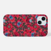 Roos en vlinders in rood en blauw iPhone 15 case (Achterkant horizontaal)