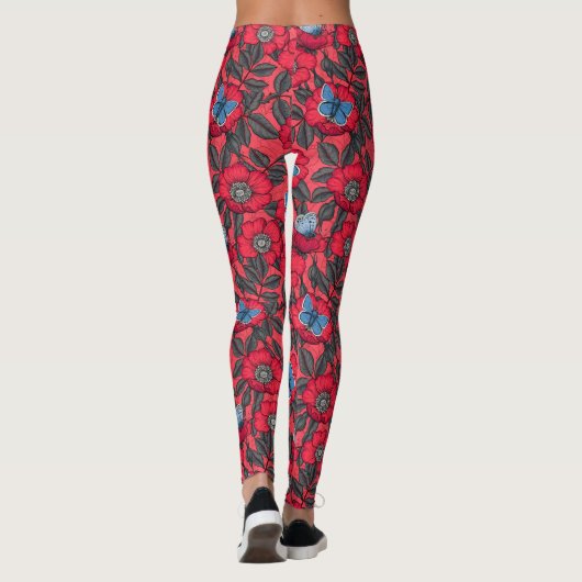 Roos en vlinders in rood en blauw leggings (Achterkant)