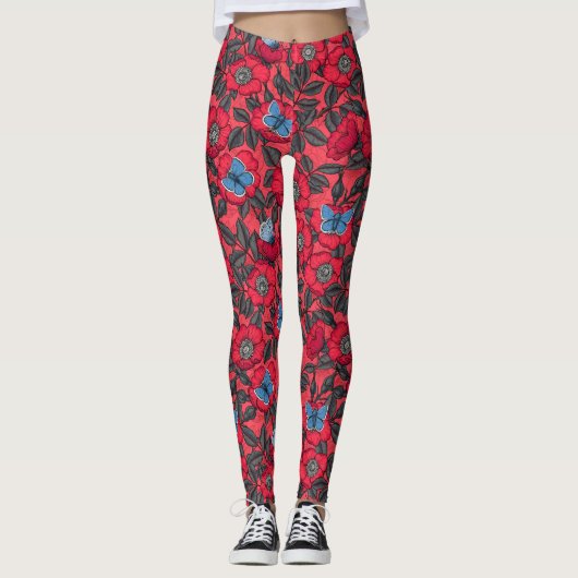 Roos en vlinders in rood en blauw leggings (Voorkant)