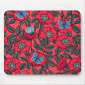 Roos en vlinders in rood en blauw muismat (Voorkant)