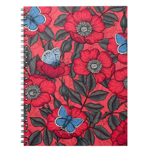 Roos en vlinders in rood en blauw notitieboek (Voorkant)