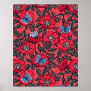 Roos en vlinders in rood en blauw poster