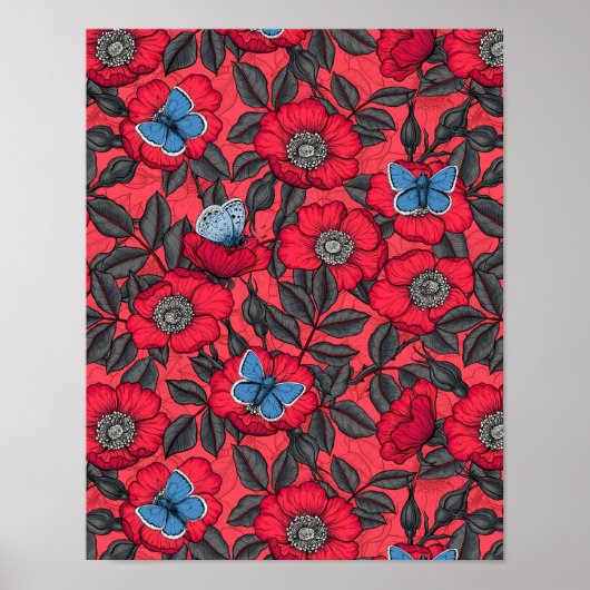 Roos en vlinders in rood en blauw poster (Voorkant)