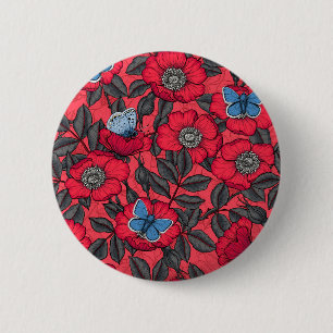 Roos en vlinders in rood en blauw ronde button 5,7 cm
