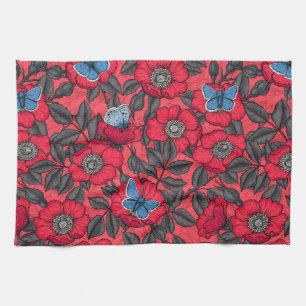 Roos en vlinders in rood en blauw theedoek