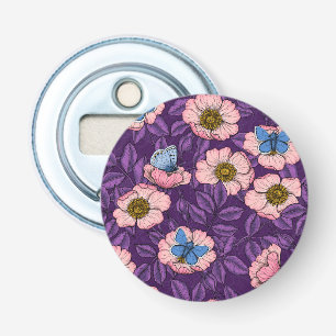 Roos en vlinders in roze en paarse button flesopener
