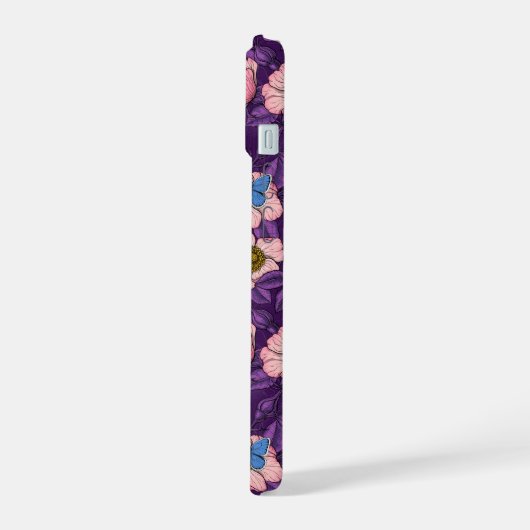 Roos en vlinders in roze en paarse iPhone 15 case (Linkerkant)