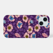 Roos en vlinders in roze en paarse iPhone 15 case (Achterkant horizontaal)