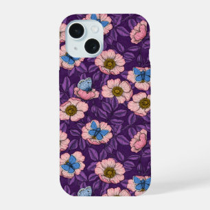 Roos en vlinders in roze en paarse iPhone 15 case