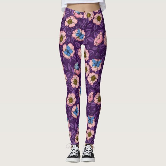 Roos en vlinders in roze en paarse leggings (Voorkant)