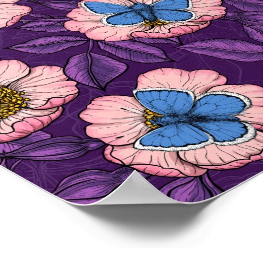 Roos en vlinders in roze en paarse poster (Hoek)