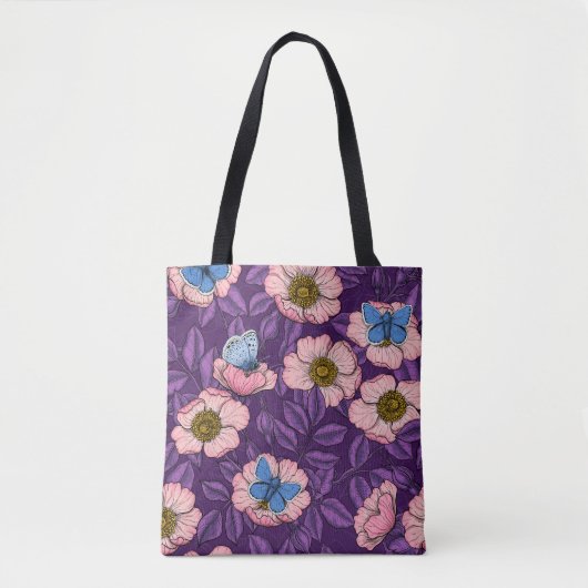 Roos en vlinders in roze en paarse tote bag (Voorkant)