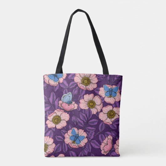 Roos en vlinders in roze en paarse tote bag (Achterkant)