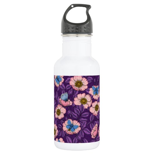 Roos en vlinders in roze en paarse waterfles  (Voorkant)