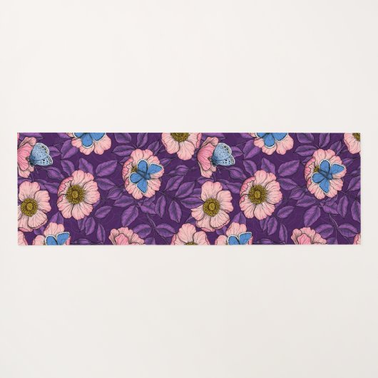 Roos en vlinders in roze en paarse yogamat (Achterkant (horizontaal))